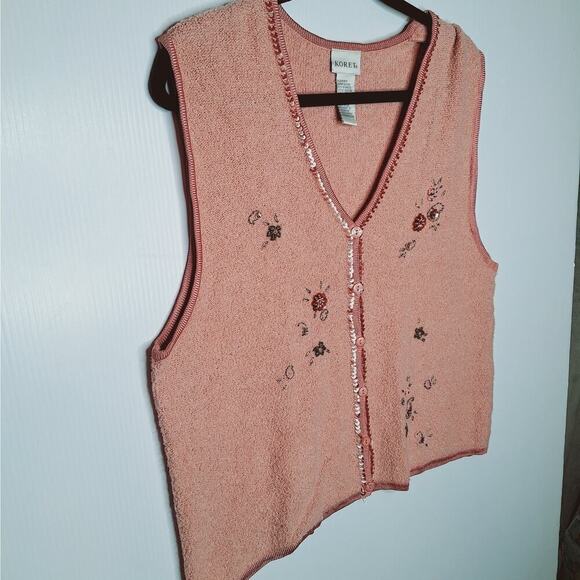 Vintage Koret Sweater Vest Medium Wool Blend Boxy Oversized Beaded Sequined Pink - Picture 2 of 8